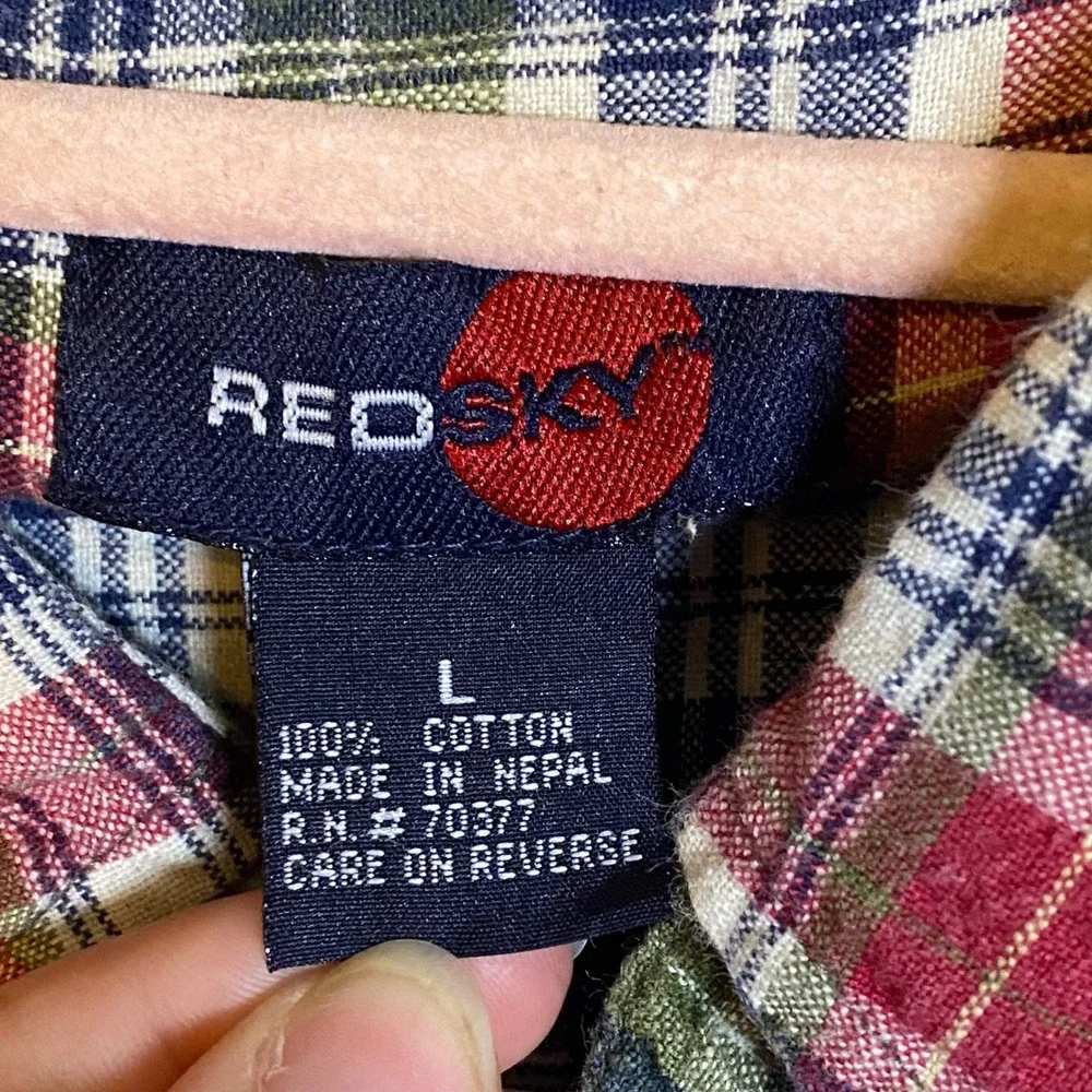 Vintage Red Sky Mens Large Short Sleeve Button Down Shirt Plaid‎ Cotton Red Y2K